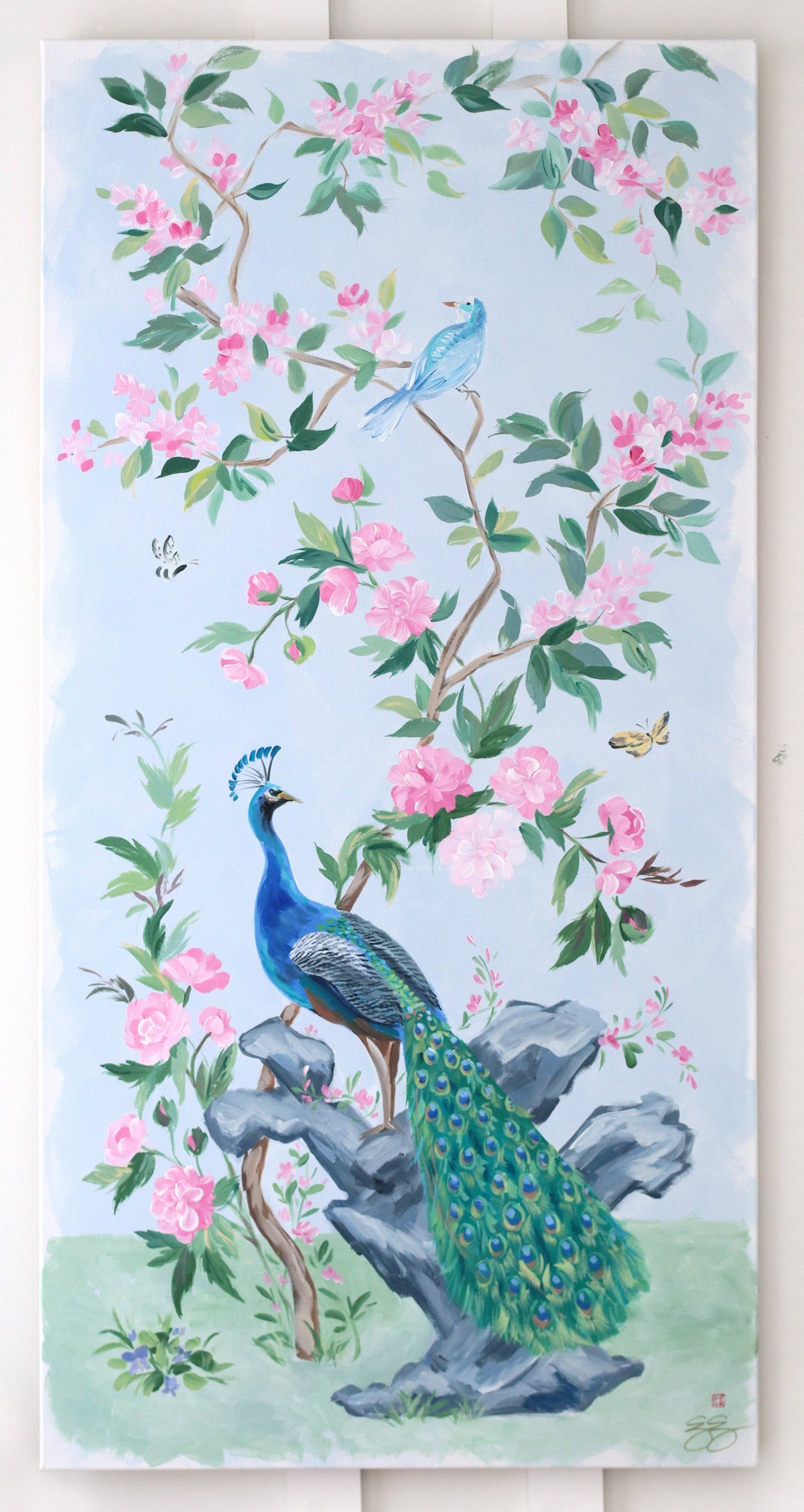 "Lynn," Original blue and pink chinoiserie painting with peacock (No. 525) - 24 x 48