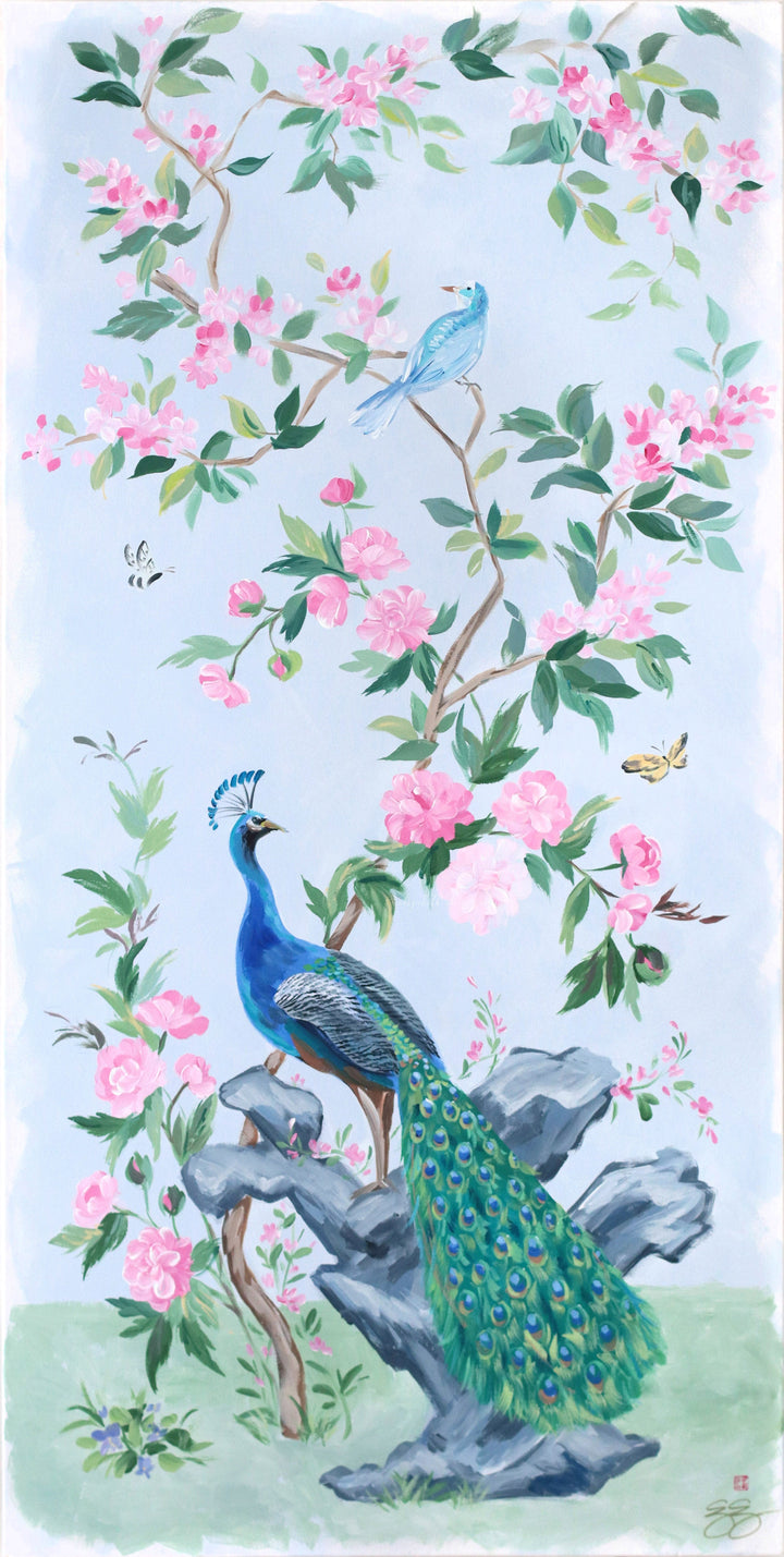 "Lynn," Original blue and pink chinoiserie painting with peacock (No. 525) - 24 x 48