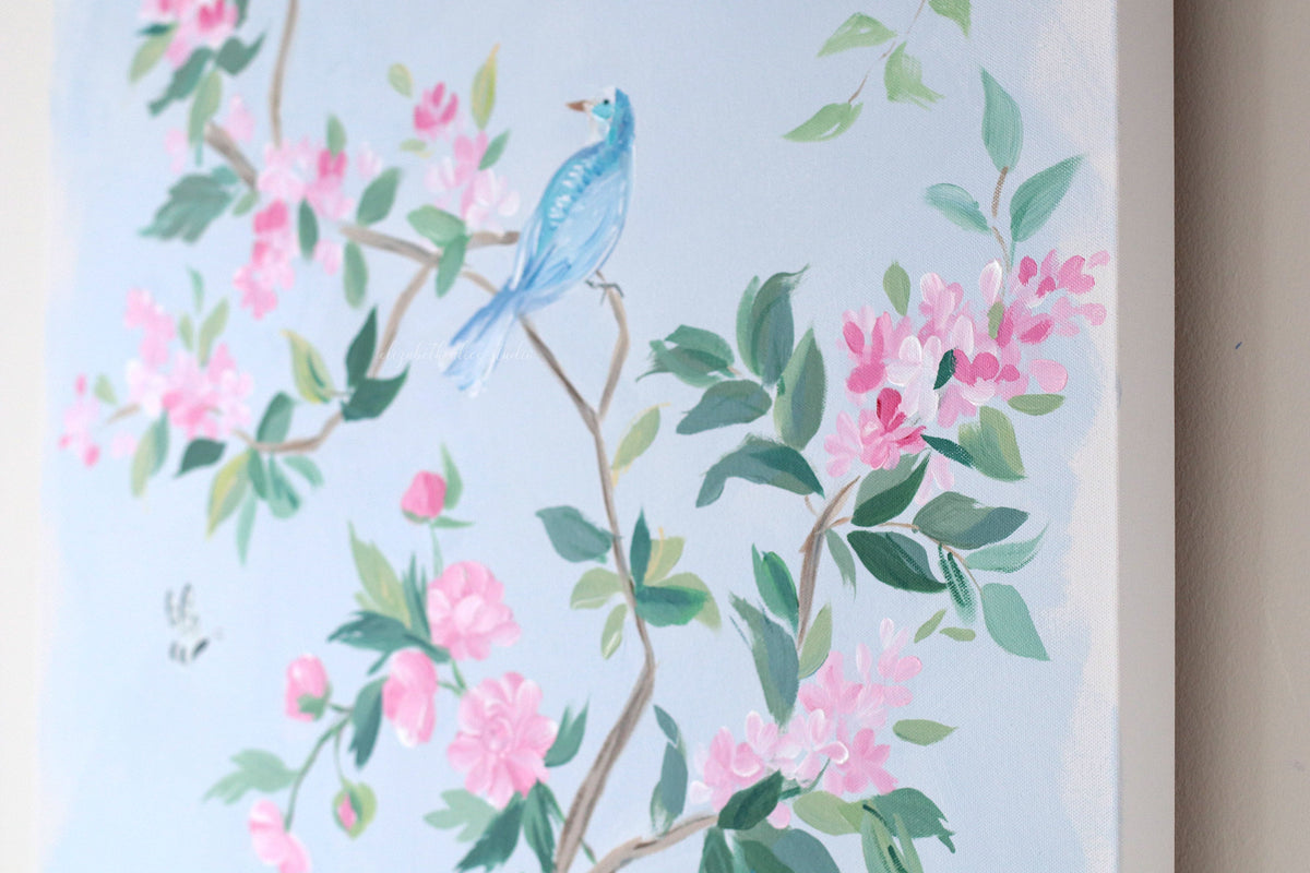 "Lynn," Original blue and pink chinoiserie painting with peacock (No. 525) - 24 x 48