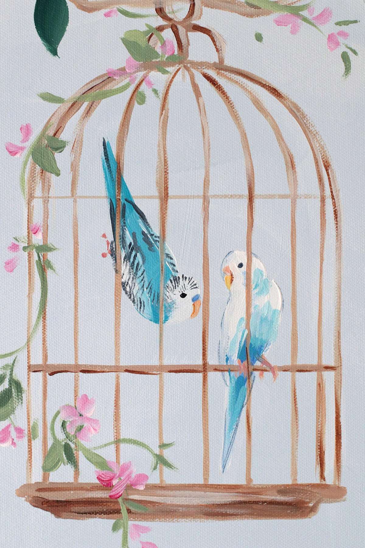 "Alice," Original blue and pink chinoiserie painting with bird cage and hydrangea (No. 526) - 24 x 48