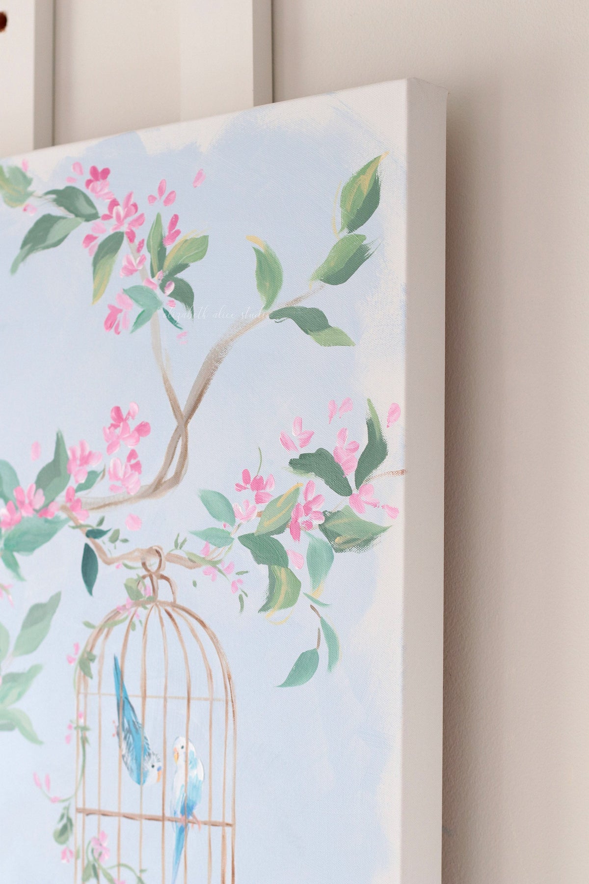 "Alice," Original blue and pink chinoiserie painting with bird cage and hydrangea (No. 526) - 24 x 48