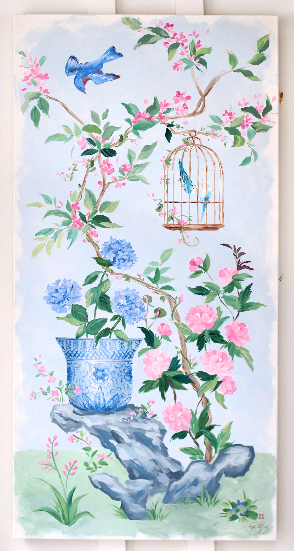 "Alice," Original blue and pink chinoiserie painting with bird cage and hydrangea (No. 526) - 24 x 48