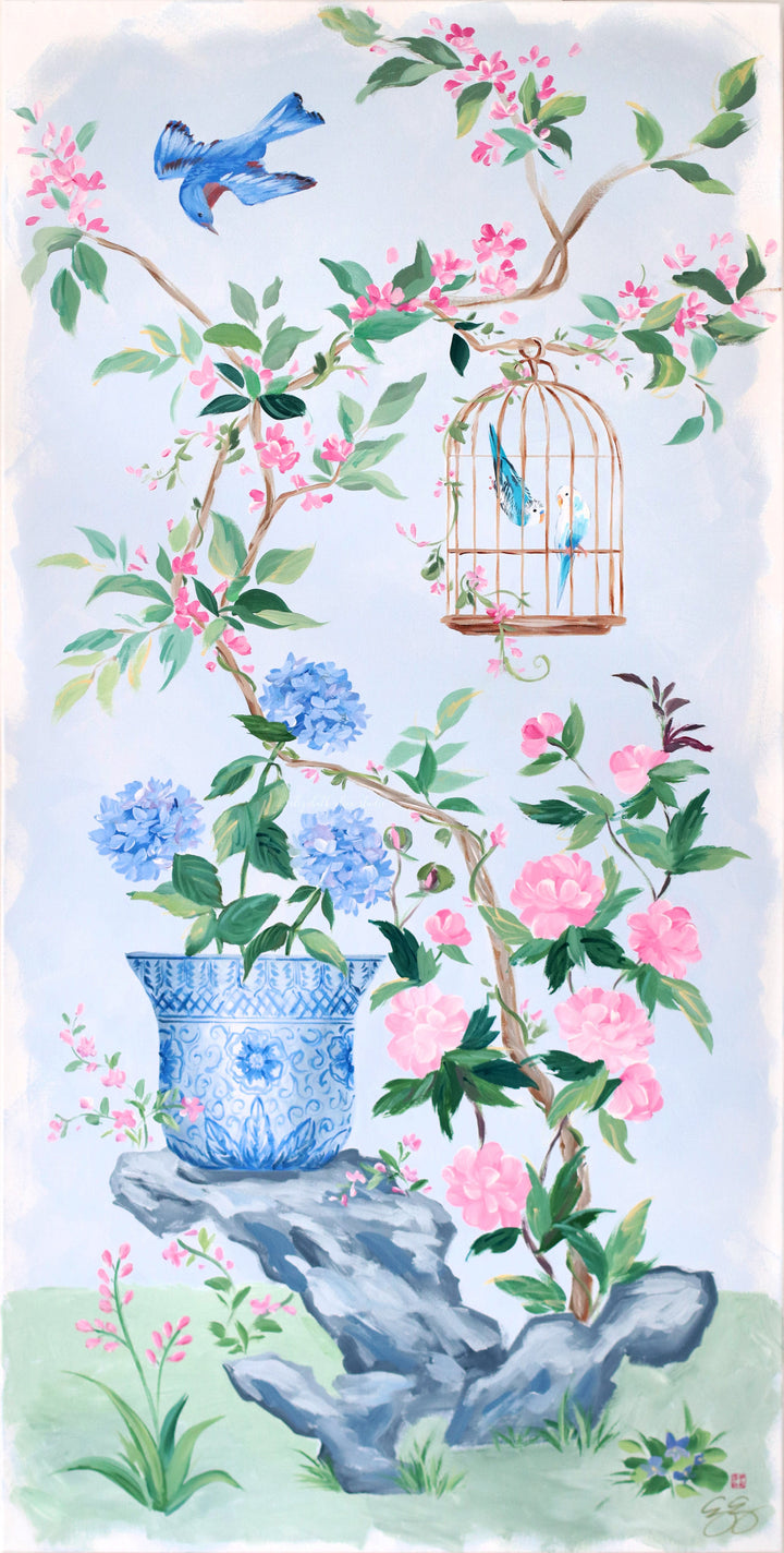 "Alice," Original blue and pink chinoiserie painting with bird cage and hydrangea (No. 526) - 24 x 48
