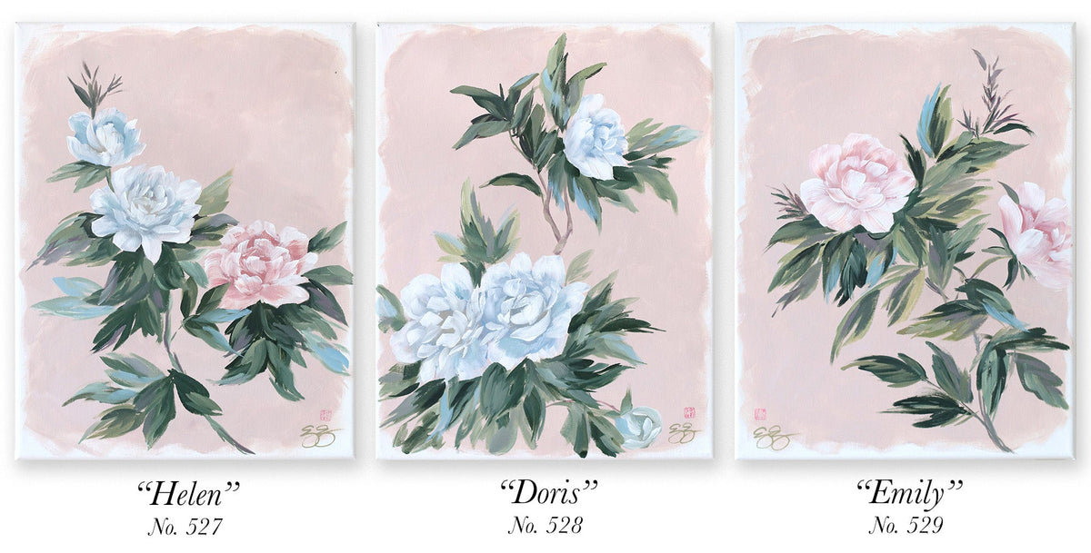 "Helen," Original pink-tan chinoiserie peony painting (No. 527) - 14 x 18