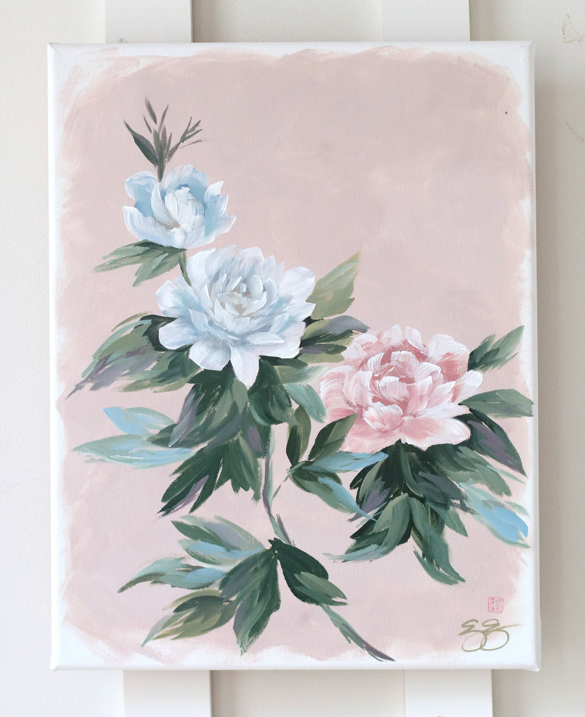 "Helen," Original pink-tan chinoiserie peony painting (No. 527) - 14 x 18