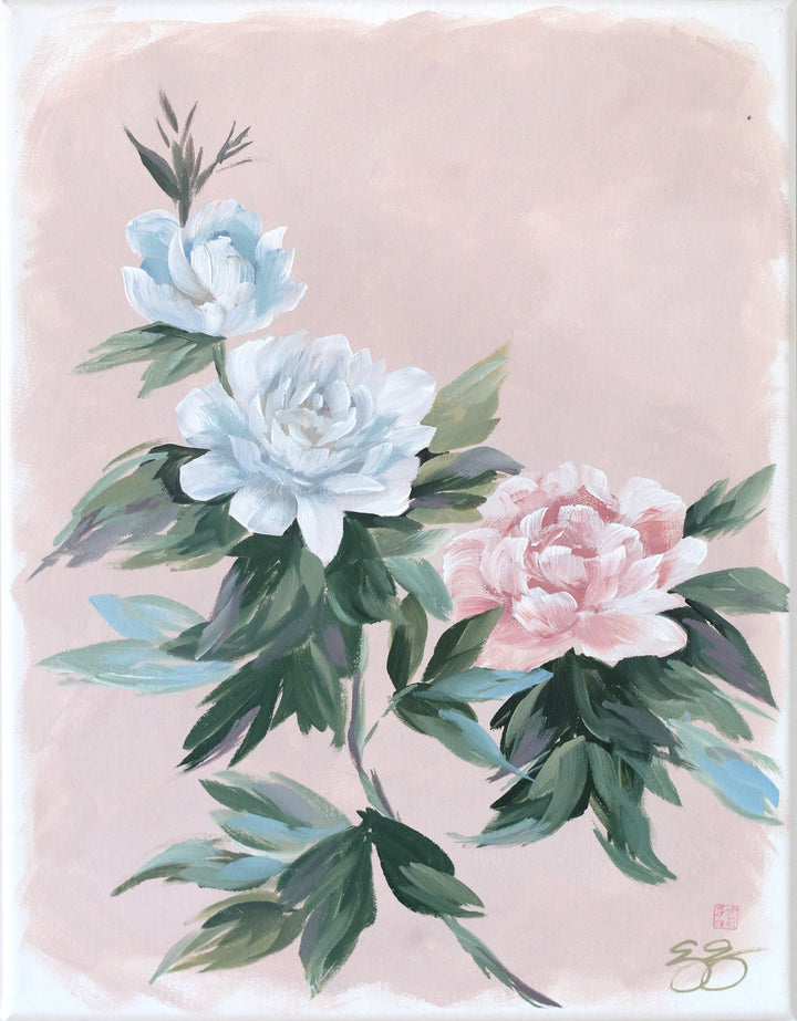 "Helen," Original pink-tan chinoiserie peony painting (No. 527) - 14 x 18