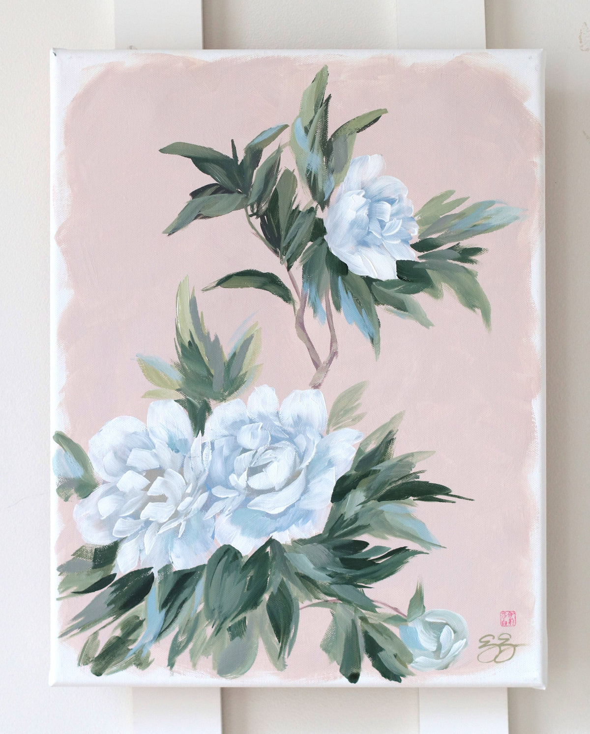 "Doris," Original pink-tan chinoiserie peony painting (No. 528) - 14 x 18