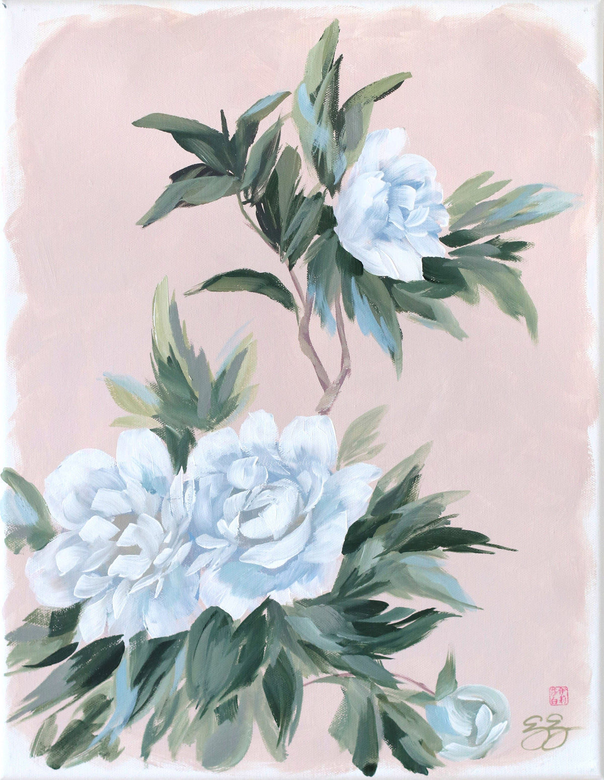 "Doris," Original pink-tan chinoiserie peony painting (No. 528) - 14 x 18