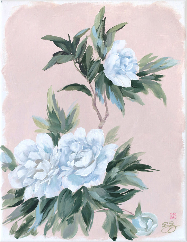 "Doris," Original pink-tan chinoiserie peony painting (No. 528) - 14 x 18