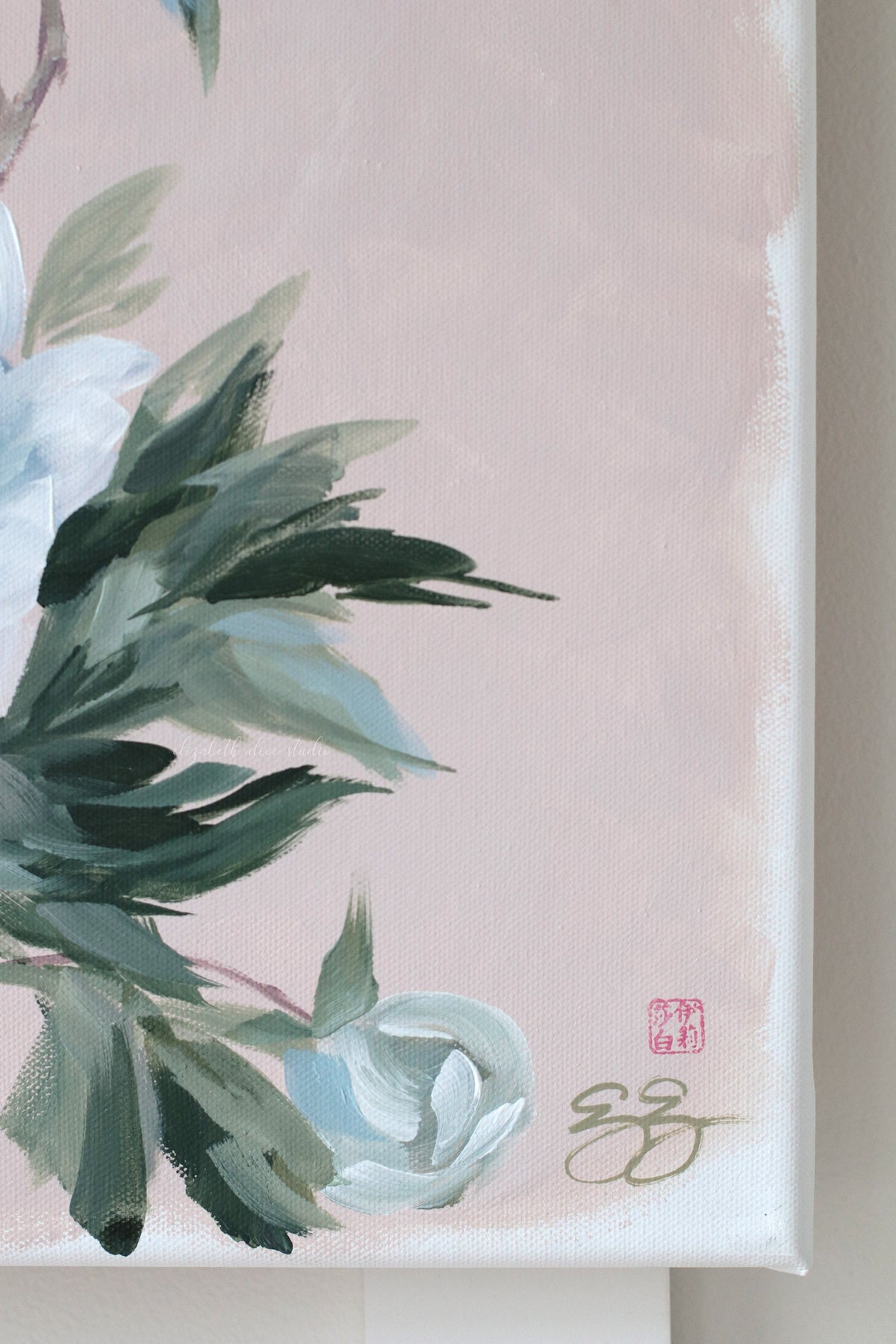 "Doris," Original pink-tan chinoiserie peony painting (No. 528) - 14 x 18