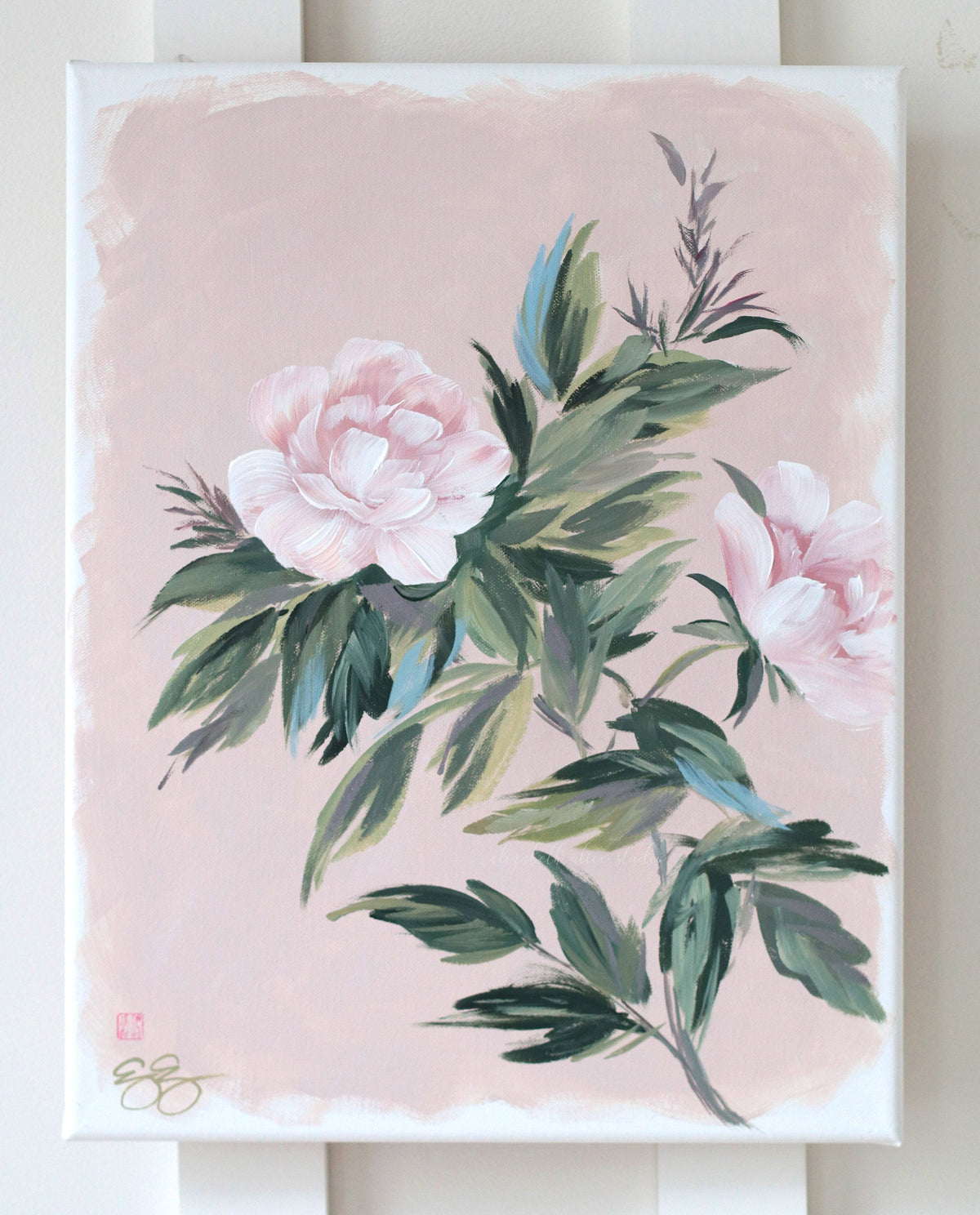 "Emily," Original pink-tan chinoiserie peony painting (No. 529) - 14 x 18