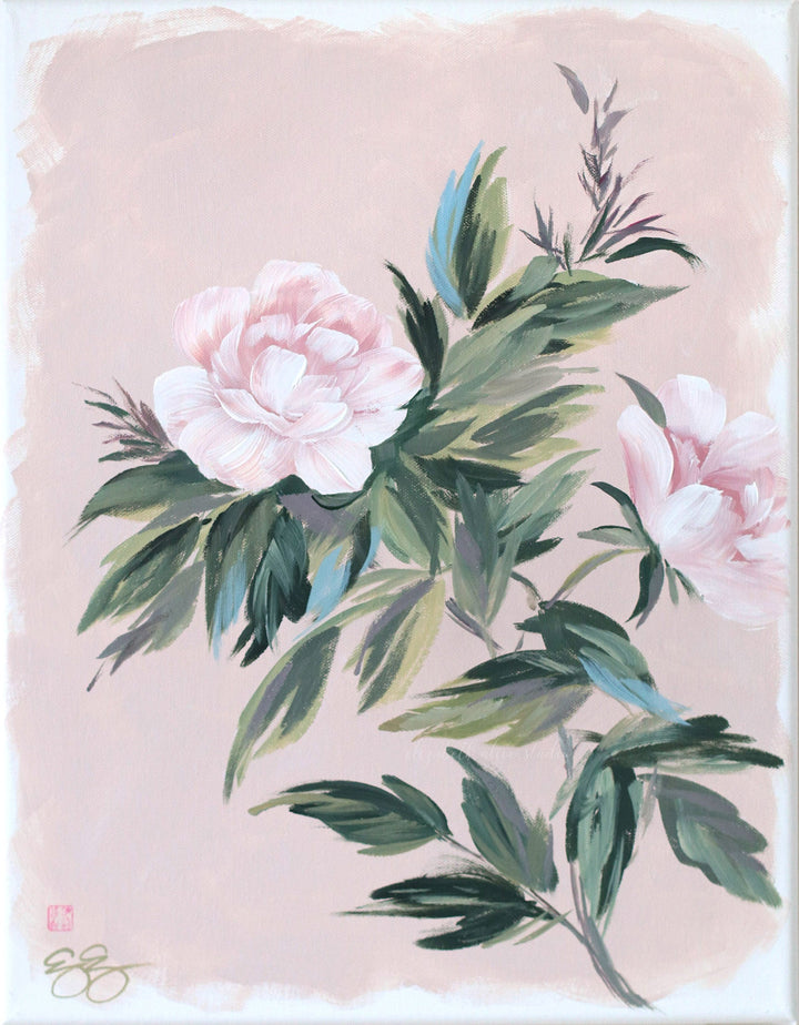 "Emily," Original pink-tan chinoiserie peony painting (No. 529) - 14 x 18