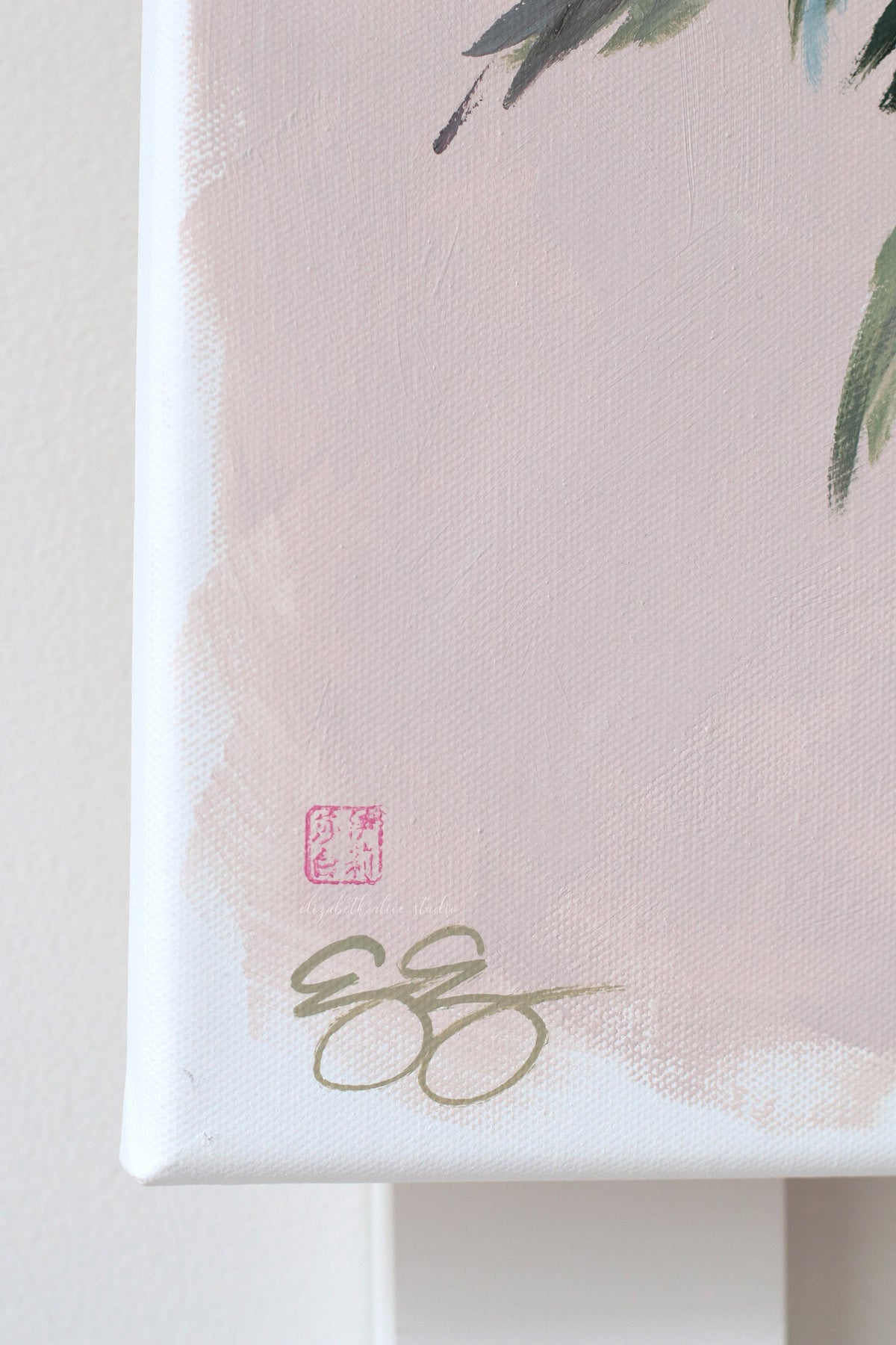 "Emily," Original pink-tan chinoiserie peony painting (No. 529) - 14 x 18
