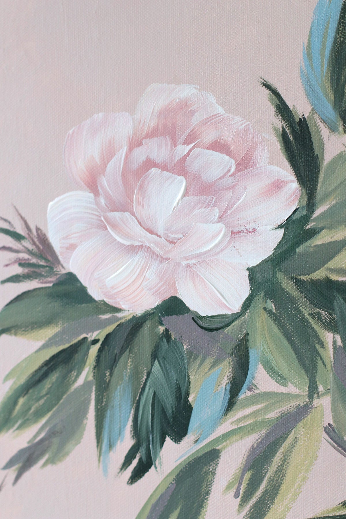 "Emily," Original pink-tan chinoiserie peony painting (No. 529) - 14 x 18