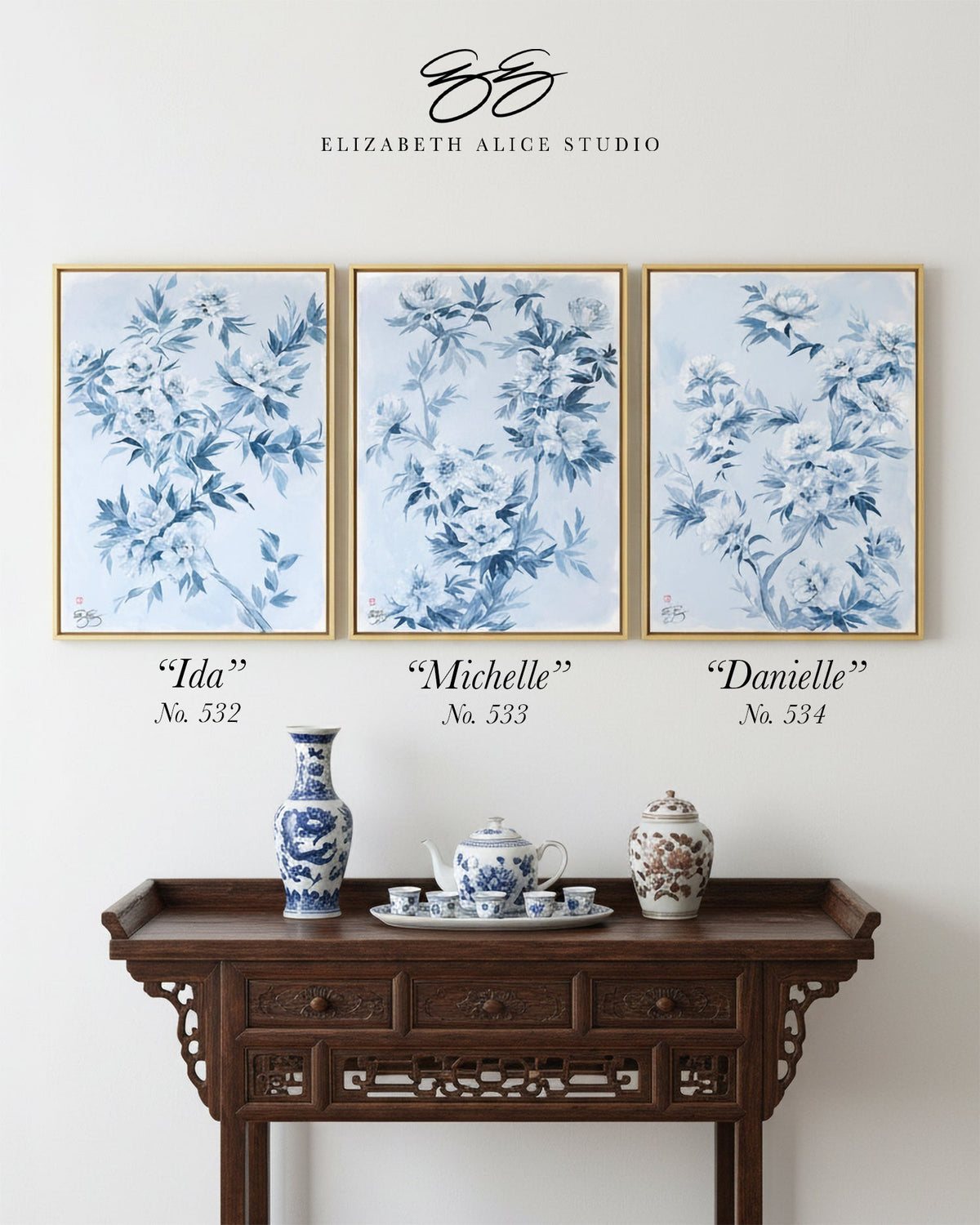 "Ida," Original chinoiserie painting of blue and white tree peonies (No. 532) - 18 x 24