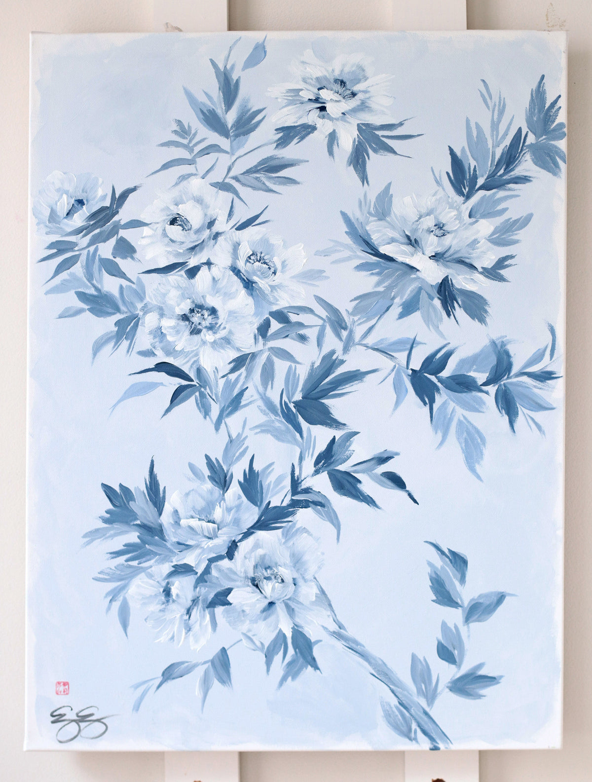 "Ida," Original chinoiserie painting of blue and white tree peonies (No. 532) - 18 x 24