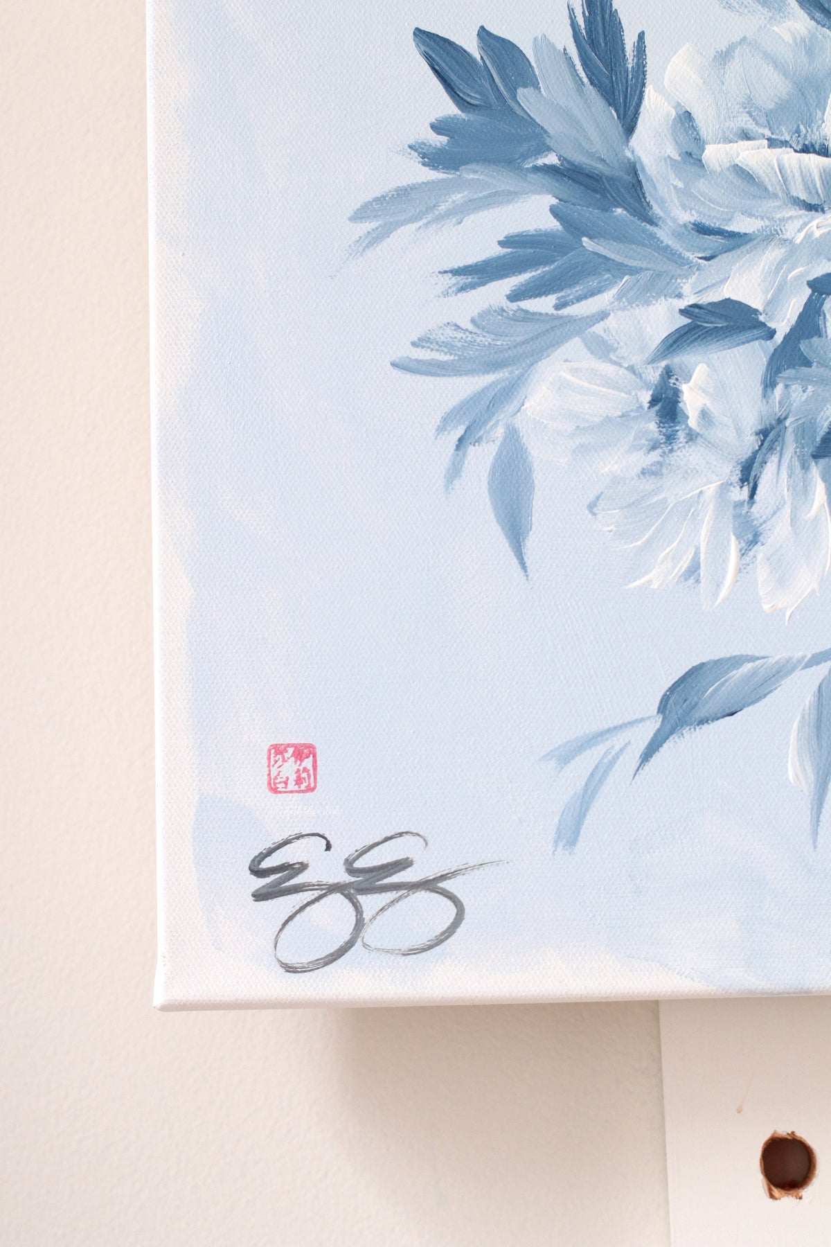 "Ida," Original chinoiserie painting of blue and white tree peonies (No. 532) - 18 x 24