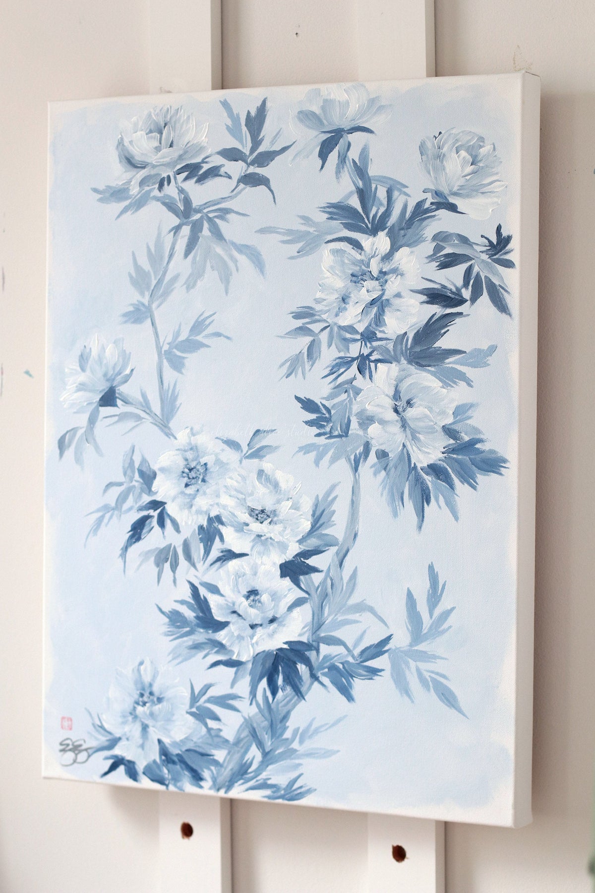 "Michelle," Original chinoiserie painting of blue and white tree peonies (No. 533) - 18 x 24