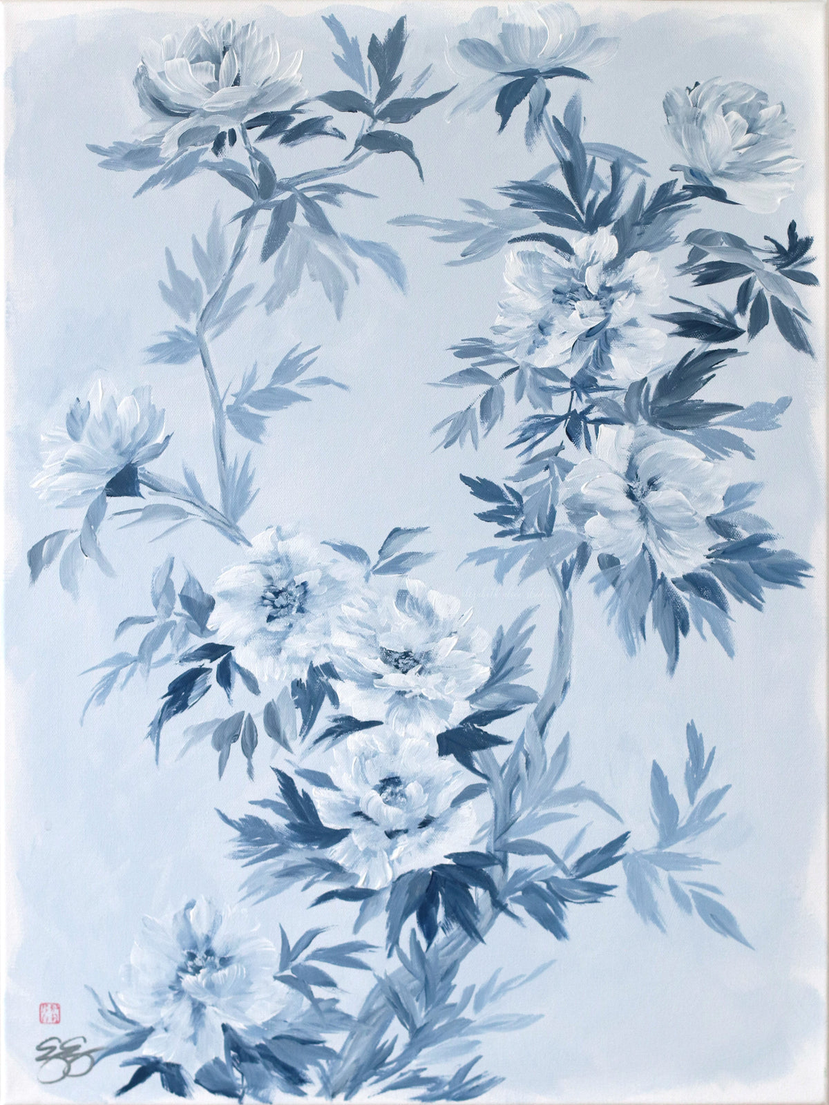 "Michelle," Original chinoiserie painting of blue and white tree peonies (No. 533) - 18 x 24