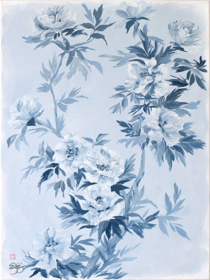 "Michelle," Original chinoiserie painting of blue and white tree peonies (No. 533) - 18 x 24