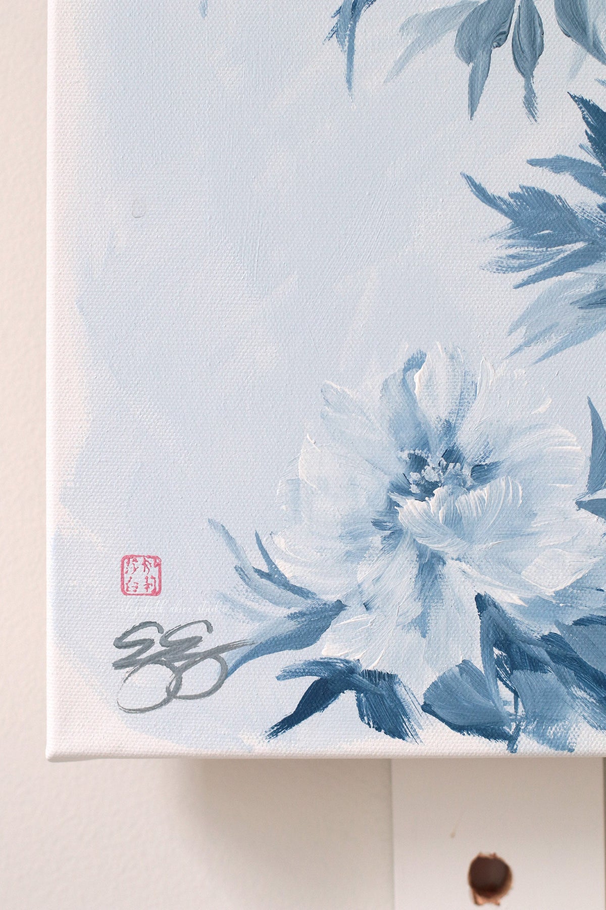 "Michelle," Original chinoiserie painting of blue and white tree peonies (No. 533) - 18 x 24