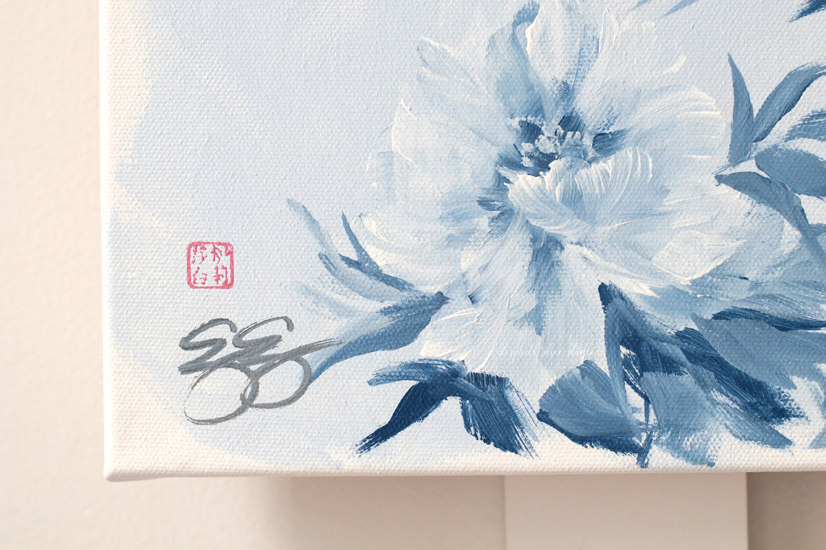 "Michelle," Original chinoiserie painting of blue and white tree peonies (No. 533) - 18 x 24