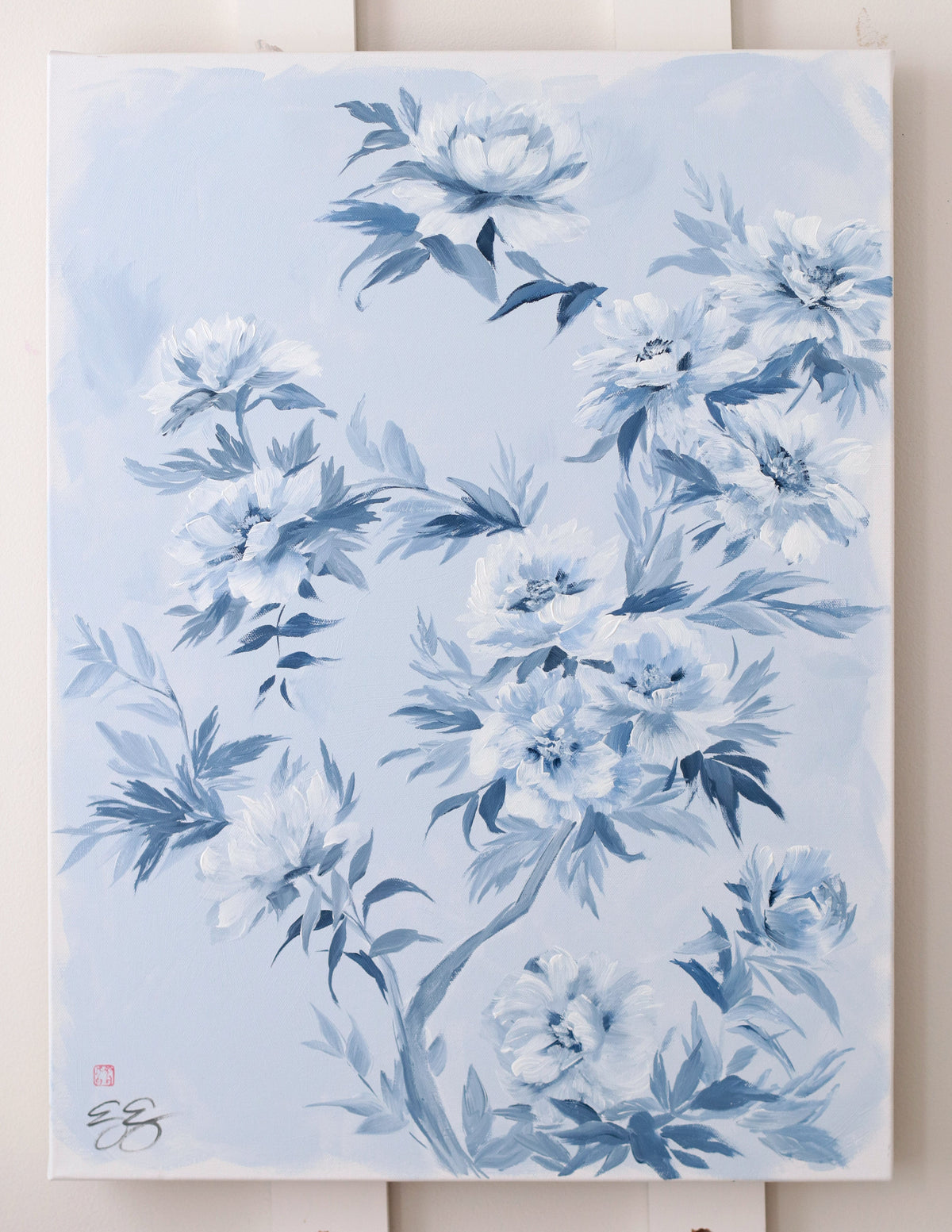"Danielle," Original chinoiserie painting of blue and white tree peonies (No. 534) - 18 x 24