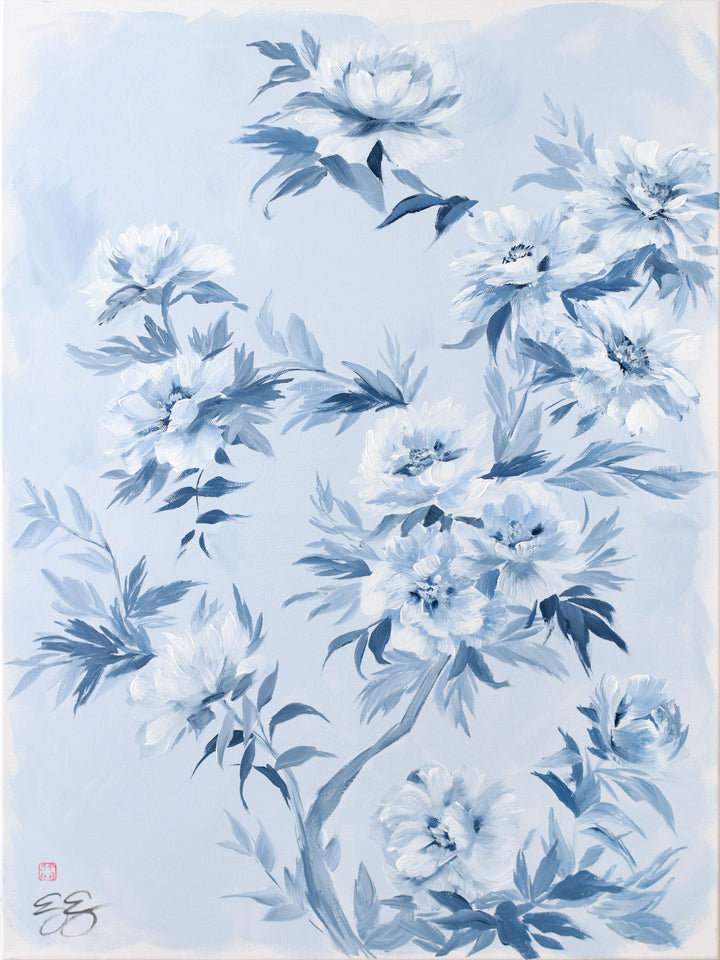 "Ida," Original chinoiserie painting of blue and white tree peonies (No. 532) - 18 x 24