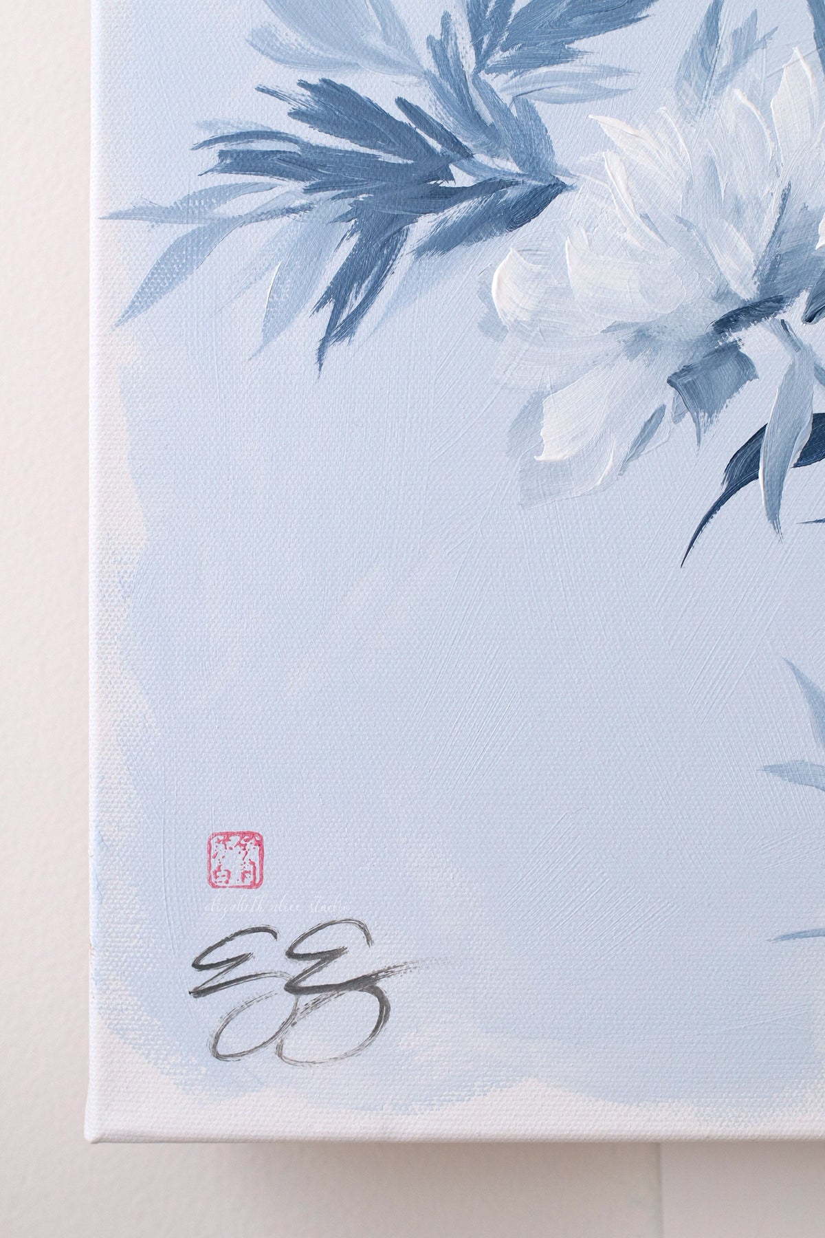 "Danielle," Original chinoiserie painting of blue and white tree peonies (No. 534) - 18 x 24