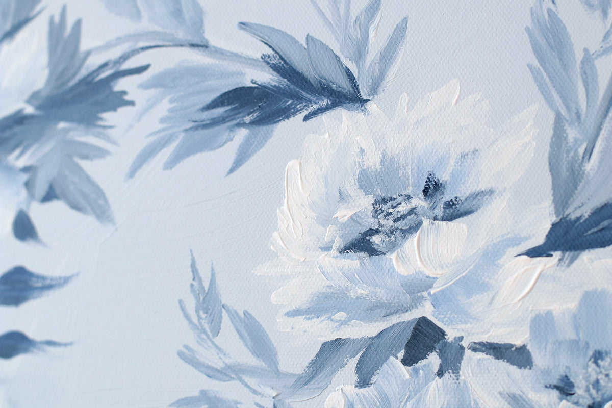 "Danielle," Original chinoiserie painting of blue and white tree peonies (No. 534) - 18 x 24