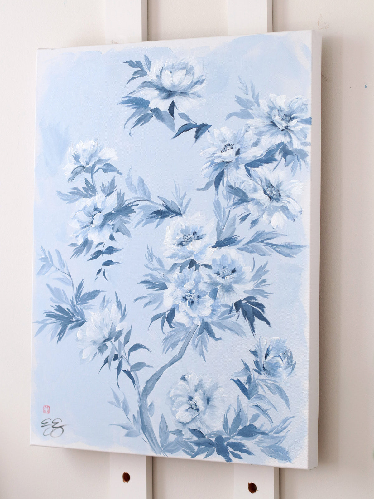 "Danielle," Original chinoiserie painting of blue and white tree peonies (No. 534) - 18 x 24