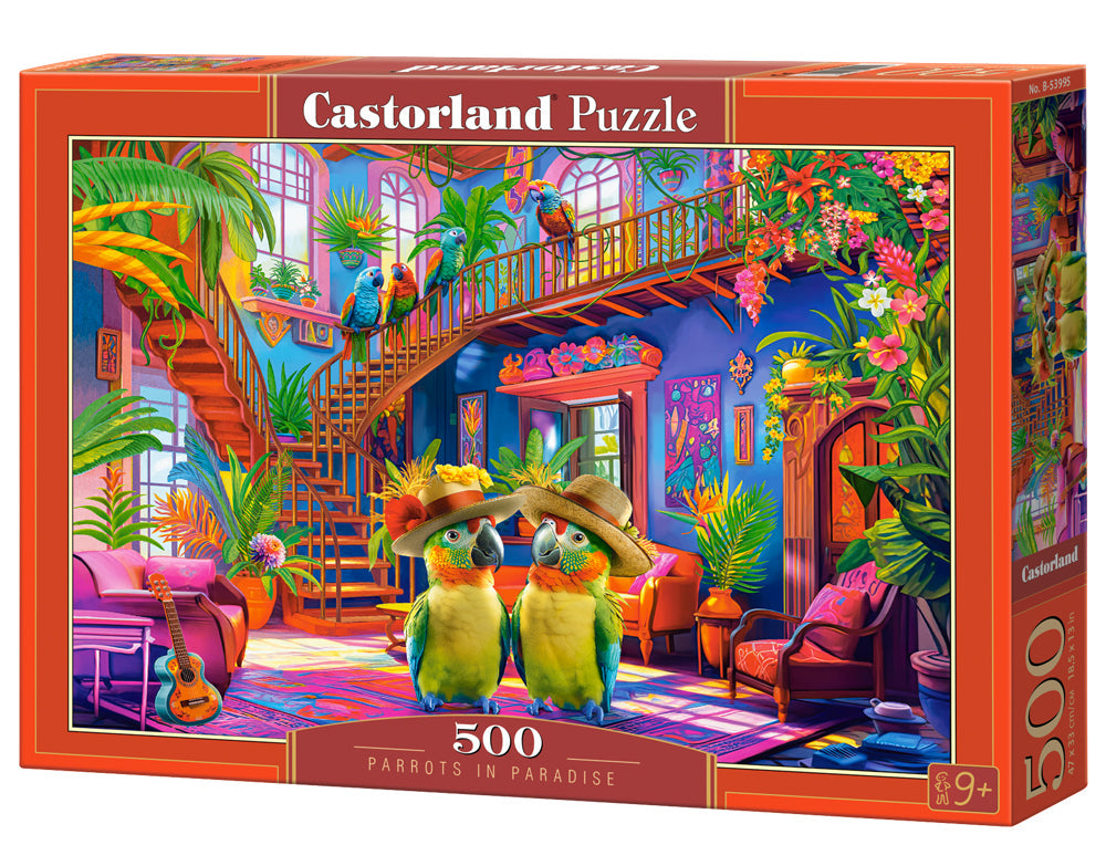500 Piece Jigsaw Puzzle, Parrots in Paradise, Tropical interior, Colorful puzzles, Animal puzzles, Adult Puzzle, Castorland B-53995
