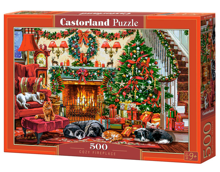 500 Piece Jigsaw Puzzle, Cozy Fireplace, Christmas living room, Decorated tree, Fireplace and sleeping dogs, Festive holiday art., Adult Puzzle, Castorland B-54060