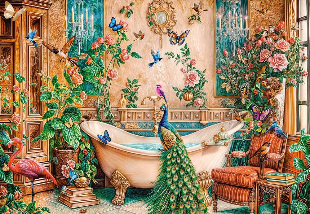 1000 Piece Jigsaw Puzzle, The Bath Fantasy, Luxurious bathroom, Peacock and exotic birds, Ornate, vibrant art., Adult Puzzle, Castorland C-105380-2