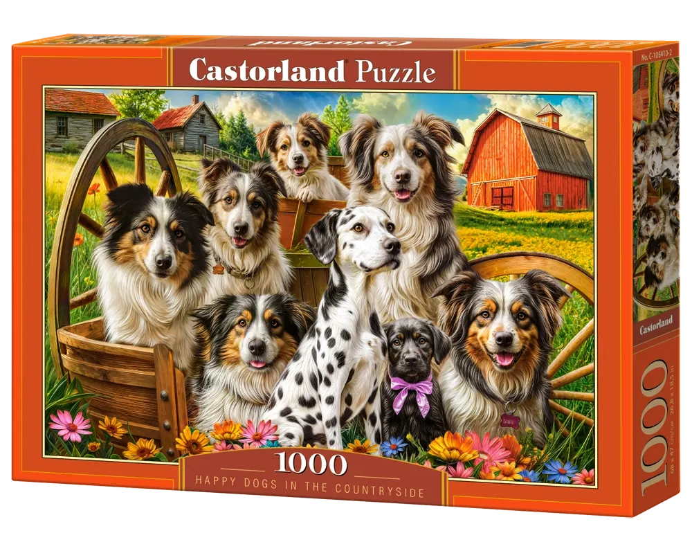 1000 Piece Jigsaw Puzzle, Happy Dogs In The Countryside, Pups in the Meadow, Rustic country puzzle, Adult Puzzle, Castorland C-105410-2