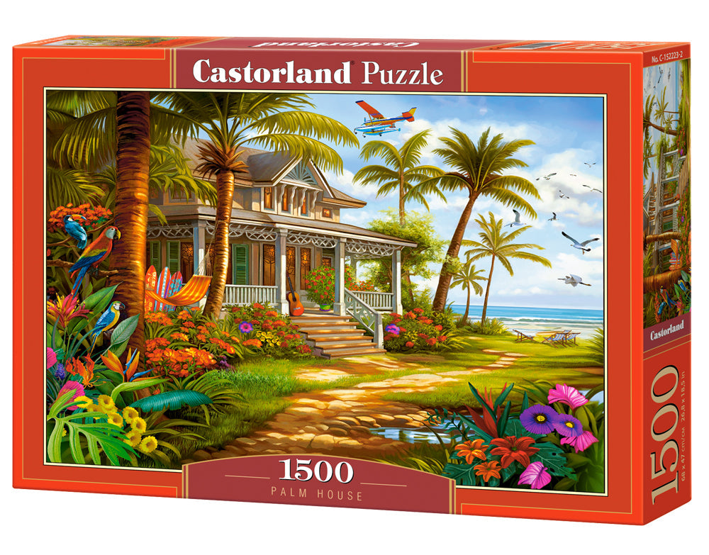 1500 Piece Jigsaw Puzzle, Palm House, Beach house, Colorful flowers, Tropical oasis, Adult Puzzle, Castorland C-152223-2