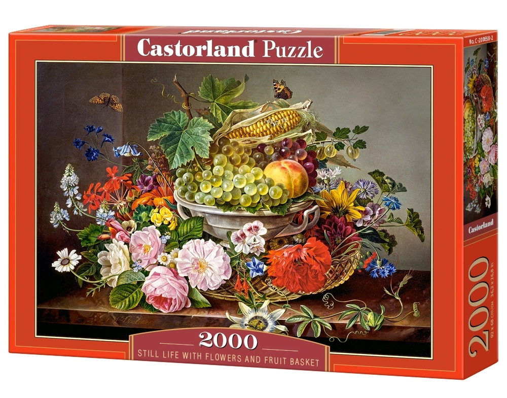 2000 Piece Jigsaw Puzzle, Still Life with Flowers and Fruit Basket, Vintage Oil Painting Style, Fine Art Botanical Brain Teaser, Adult Puzzle, Castorland C-200658-2