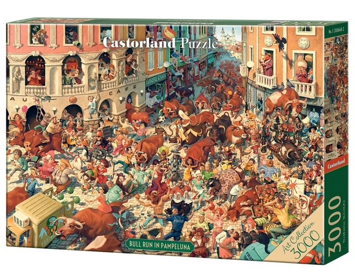 3000 Piece Jigsaw Puzzle, Bull Run in Pampeluna, Art Collection, Busy City Street Cartoon Scene, High Detail Seek and Find, Adult Puzzle, Castorland C-300648-2