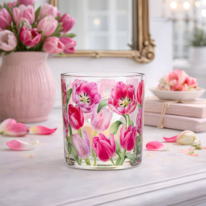 Pink Tulips Votive Glass 3 Inch Holder