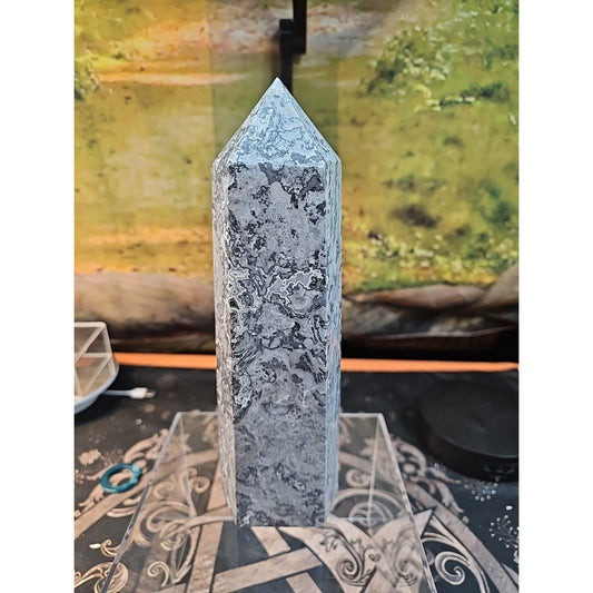 4.83lb 10in Tall Crazy Lace Jasper Crystal Point Tower Healing