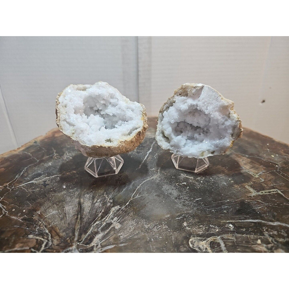 Moroccan Quartz Geode Pair with Display Stands — 1.18 lbs