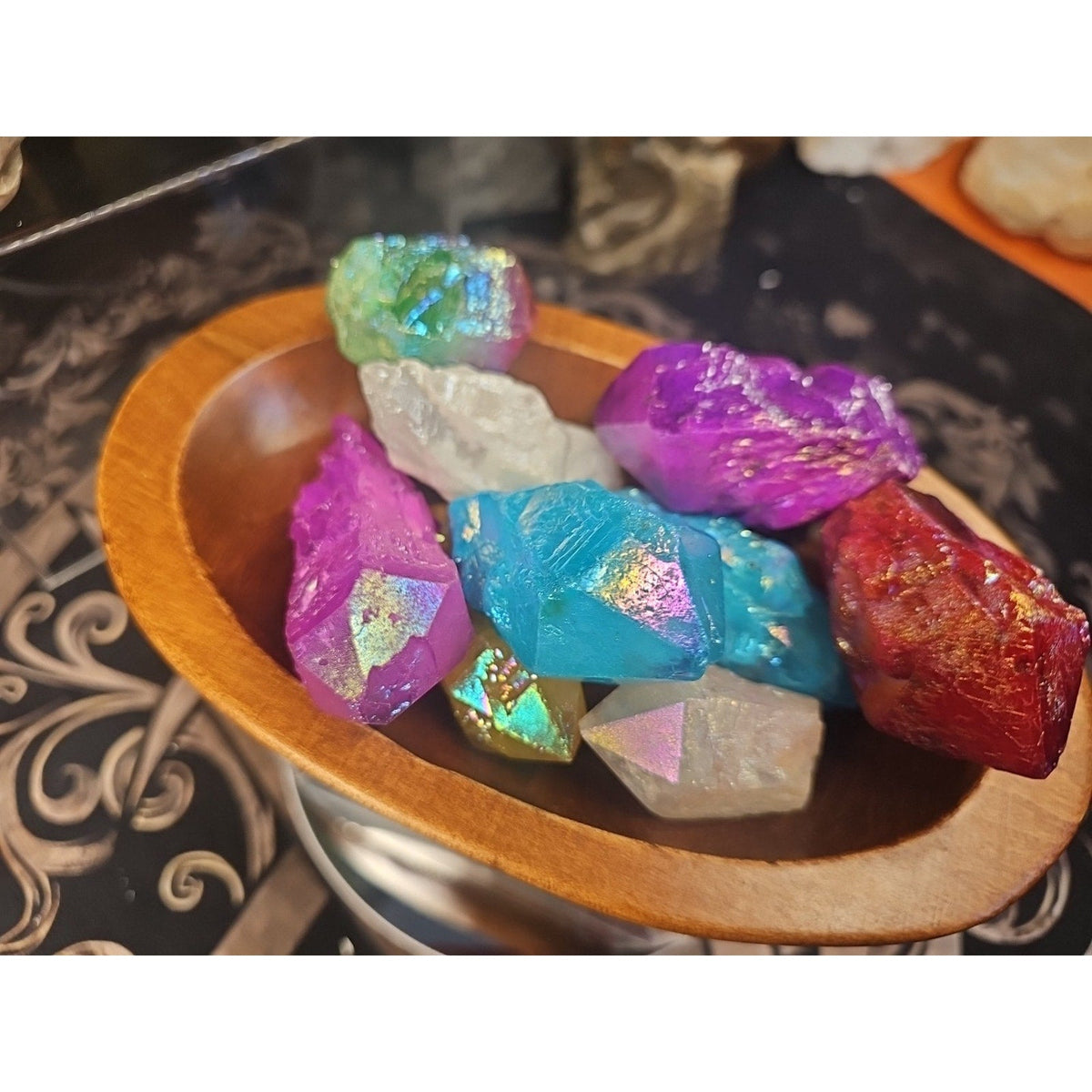Aura Aqua Rainbow Quartz with Wooden Bowl – 1.29 lb