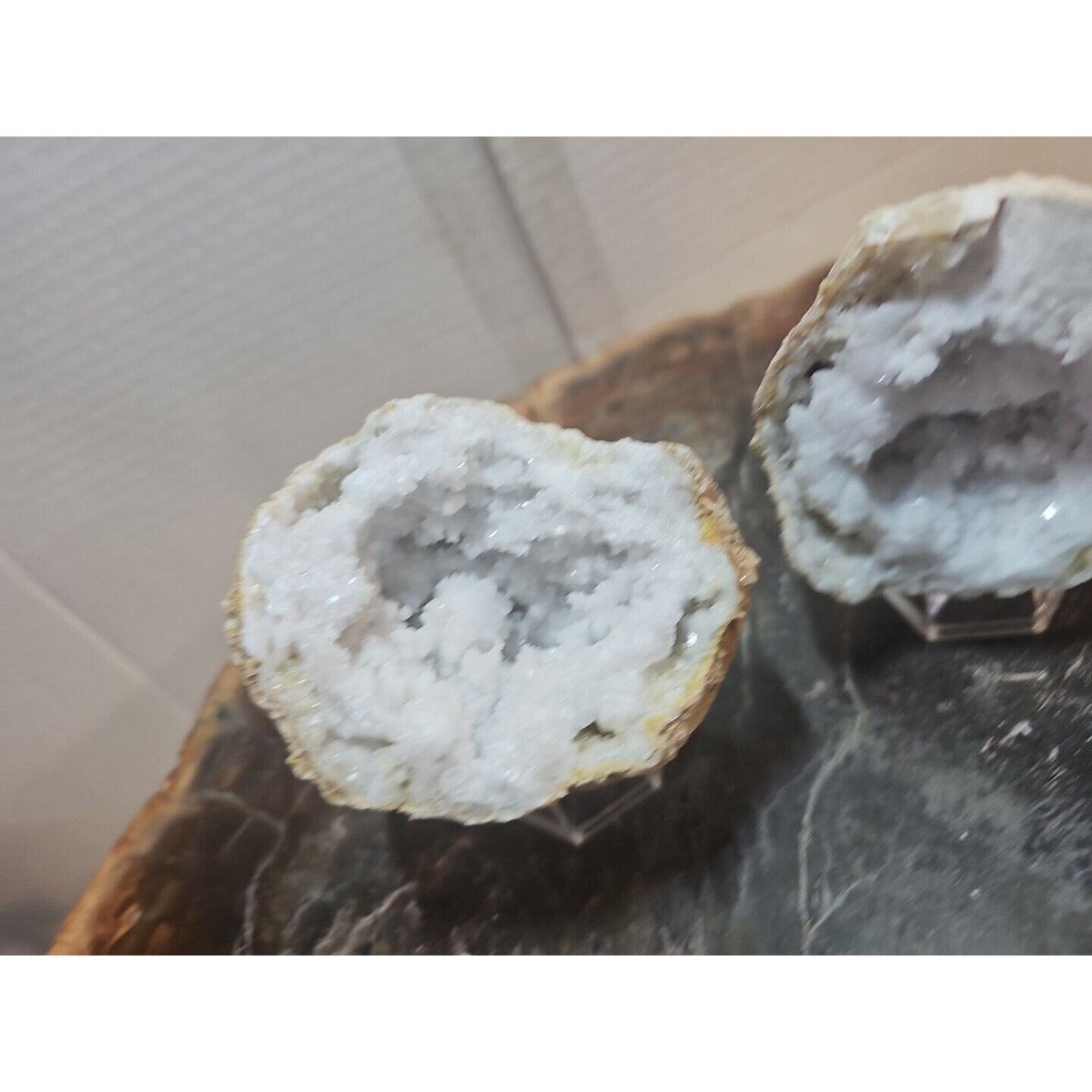 Moroccan Quartz Geode Pair with Display Stands — 1.18 lbs