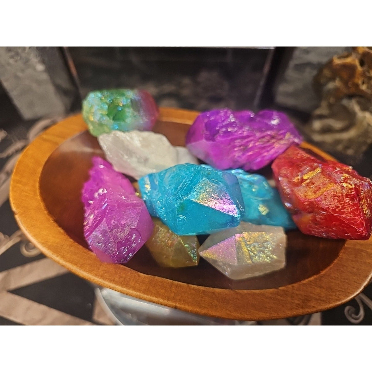 Aura Aqua Rainbow Quartz with Wooden Bowl – 1.29 lb