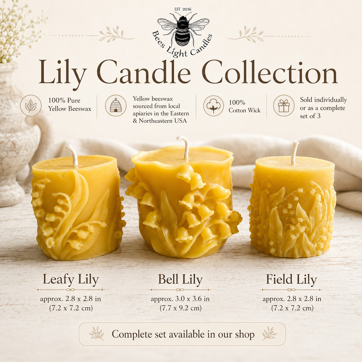 Wandering Lily of the Valley Beeswax Pillar Candles