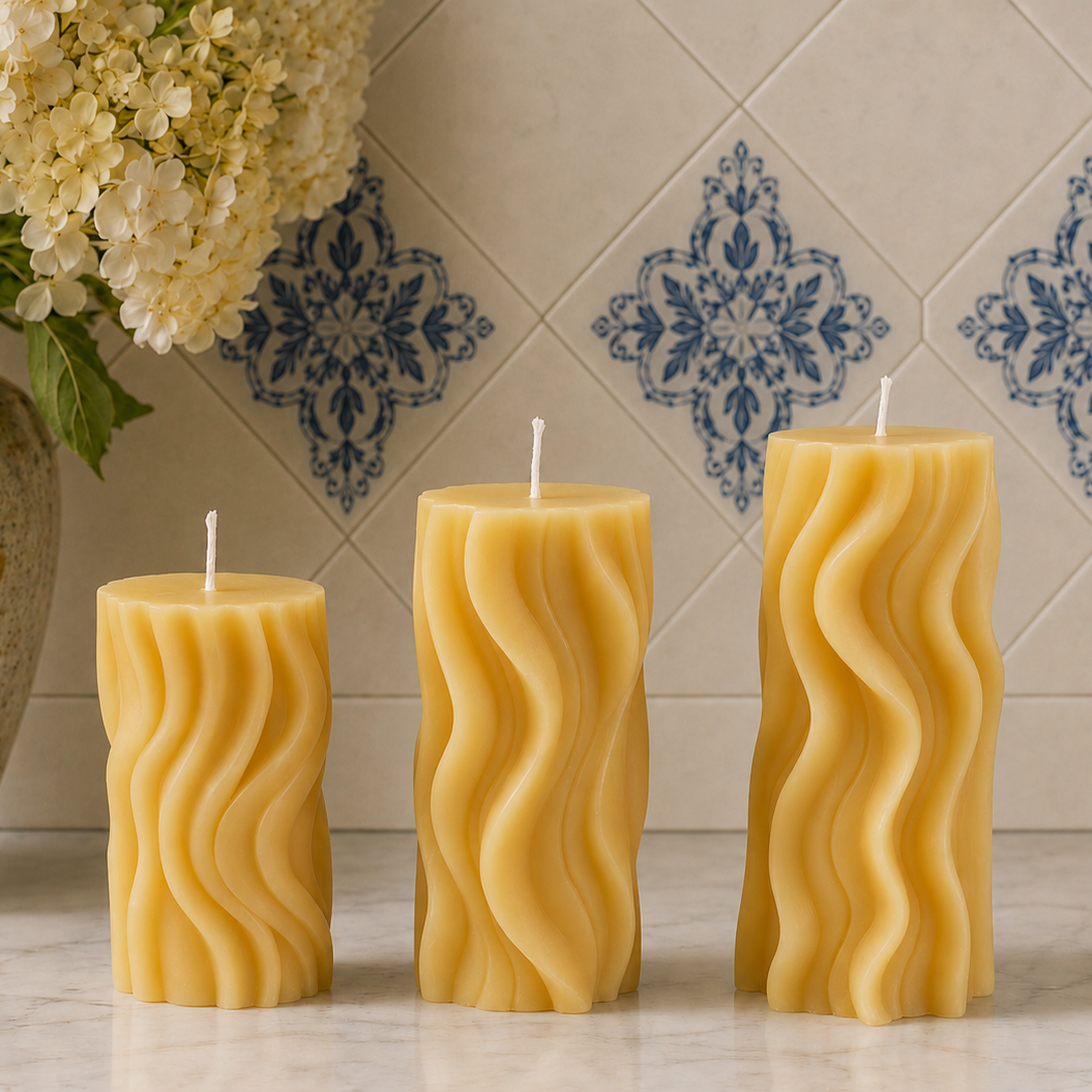 Groovy Beeswax Pillar Trio, Sculptural Swirled Candles