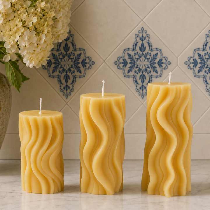 Groovy Beeswax Pillar Trio, Sculptural Swirled Candles
