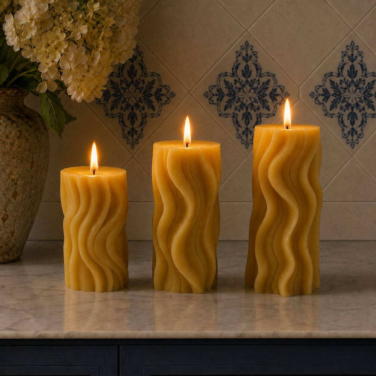 Groovy Beeswax Pillar Trio, Sculptural Swirled Candles