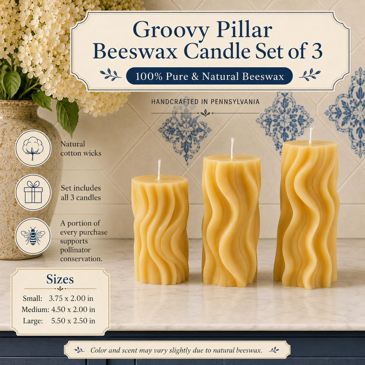 Groovy Beeswax Pillar Trio, Sculptural Swirled Candles
