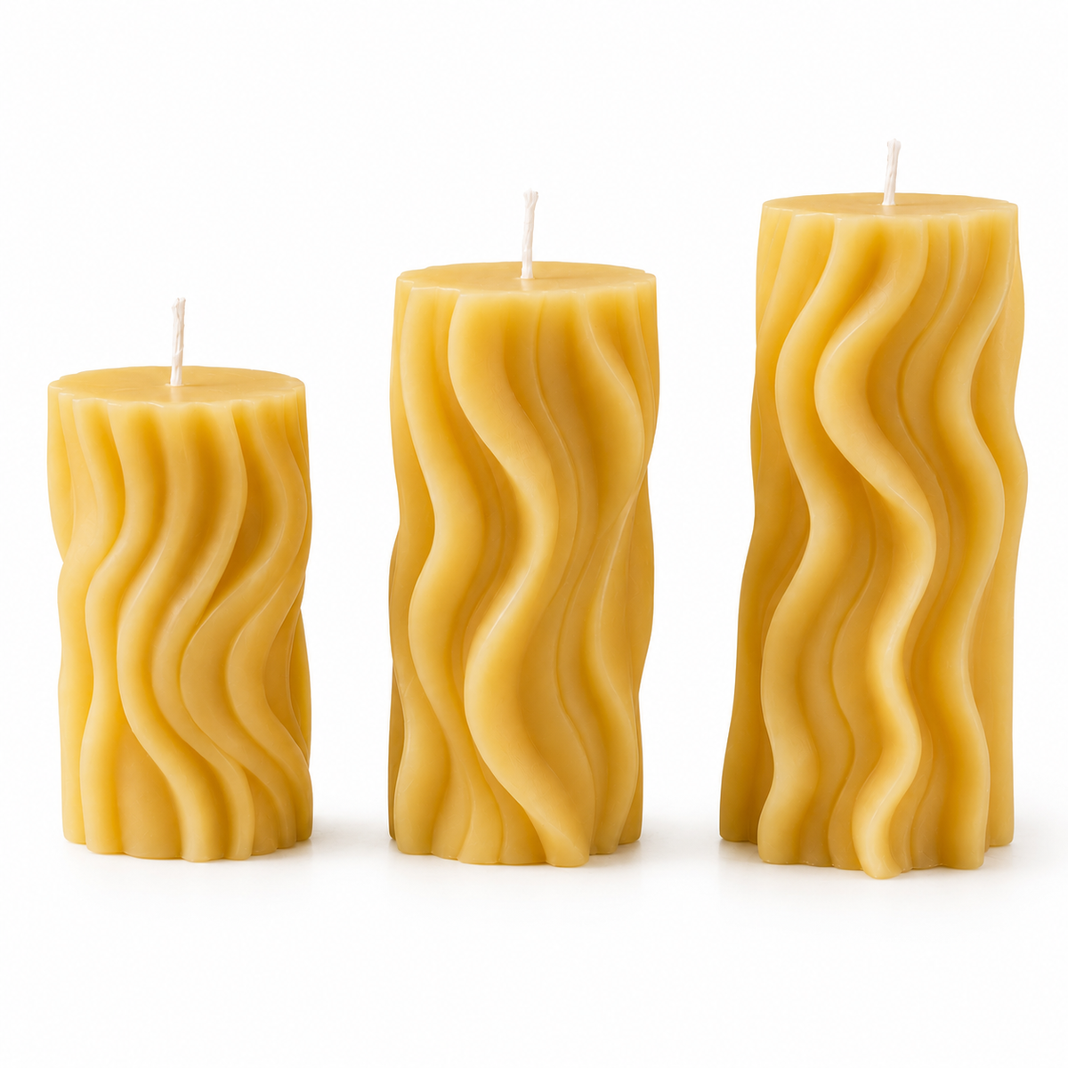 Groovy Beeswax Pillar Trio, Sculptural Swirled Candles